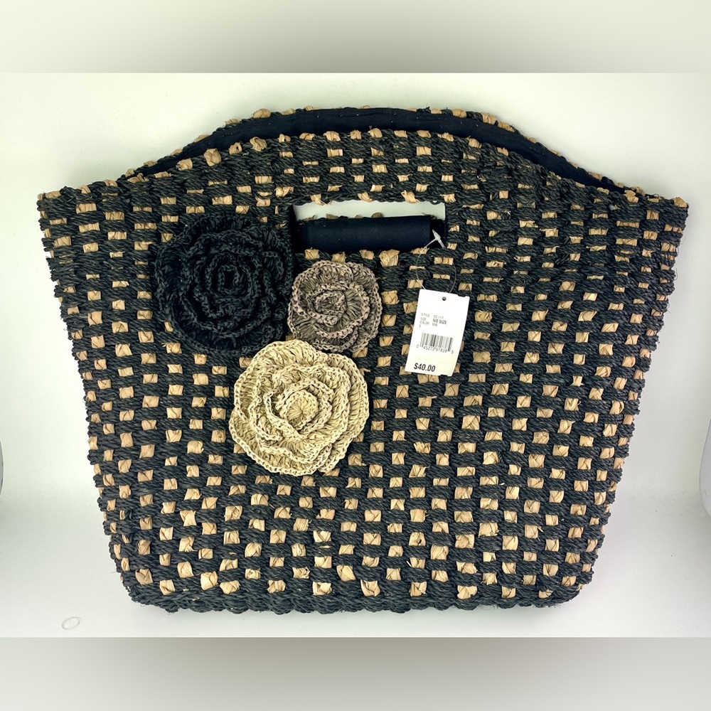 Relativity Large Straw Tote Bag Black Tan with Flowers